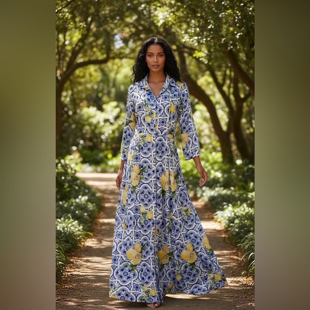 Boston Proper Lemon Tile Print Maxi Shirt Dress – Size 10 🍋 🍋 🍋